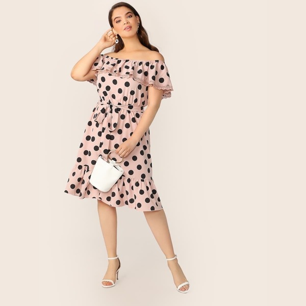 

Plus Off Shoulder Lace Trim Polka Dot Belted Dress, Pink