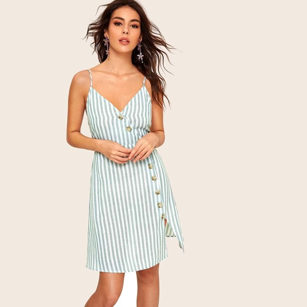 

Asymmetric Buttoned Placket Striped Cami Dress, Green