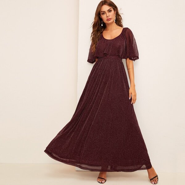 

High Waist Flare Glitter Cape Dress, Burgundy