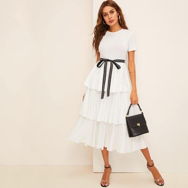 

Contrast Tie Waist Layered Ruffle Dress, White