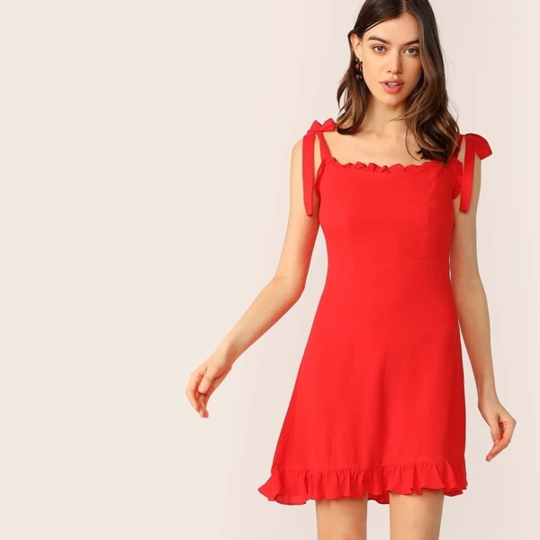 

Ruffle Hem Tie Strap Sun Dress, Red bright