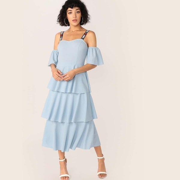 

Letter Strap Layered Ruffle Hem Dress, Blue pastel