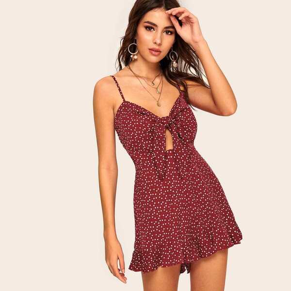 

Heart Print Ruffle Hem Knotted Peekaboo Romper, Red