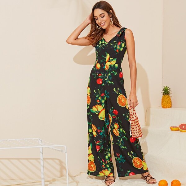 

V-neck Knot Shoulder Fruit Print Wide Leg Jumpsuit