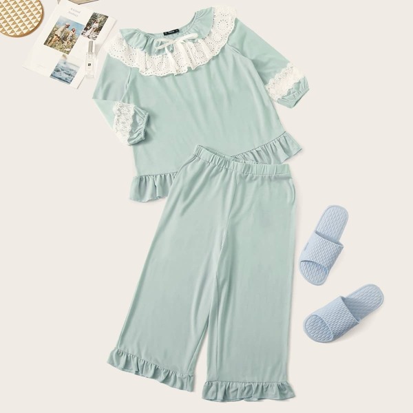 

Embroidered Eyelet Trim Ruffle Top and Pants PJ Set, Blue