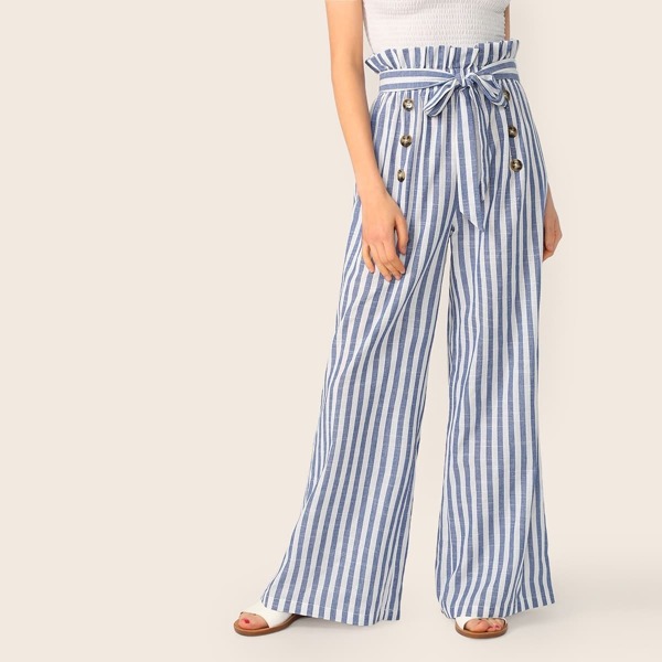 

Paperbag Waist Double Breasted Belted Striped Pants