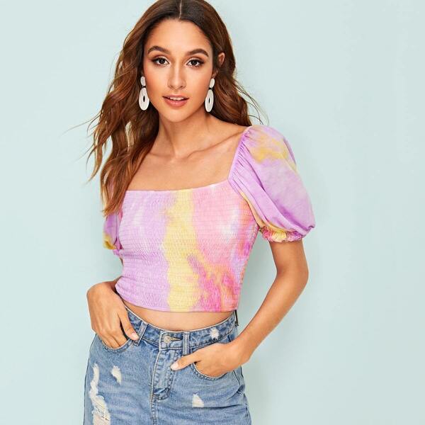 

Tie Dye Puff Sleeve Shirred Crop Top, Multicolor