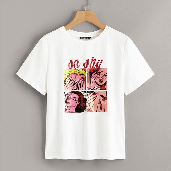 

Cartoon & Slogan Print Tee