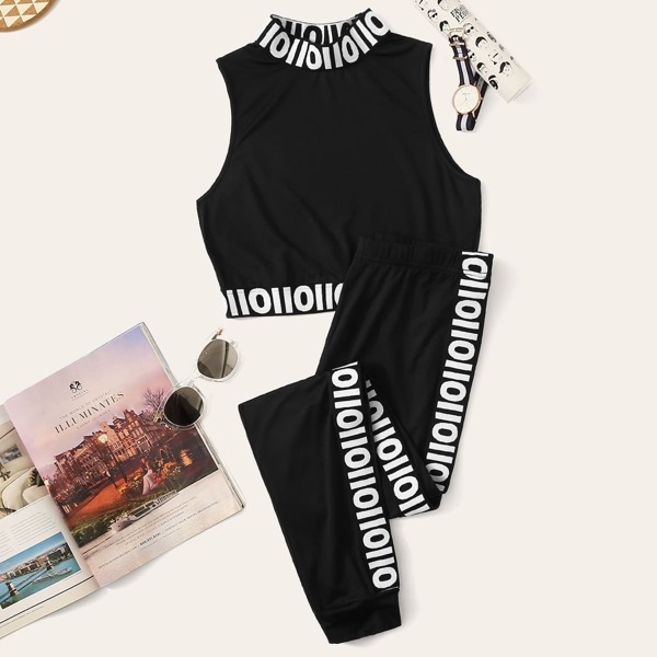 

Mock Neck Letter Print Crop Tank Top & Pants Set