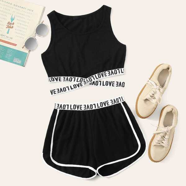 

Lettering Cross Strap Detail Tank Top & Dolphin Shorts Set