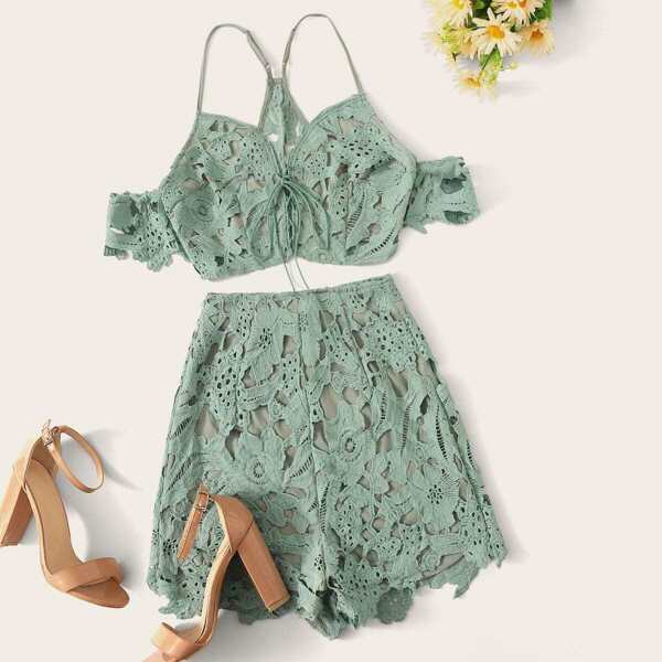 

Guipure Lace Lace Up Crop Top & Shorts Set