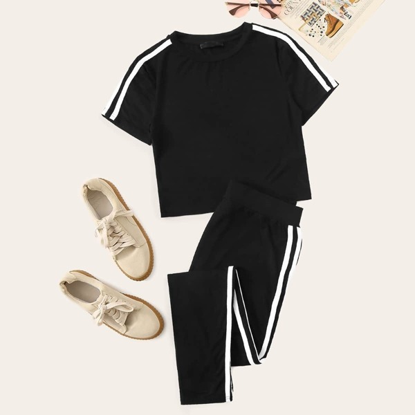 

Striped Tape Side Tee & Leggings Set, Black
