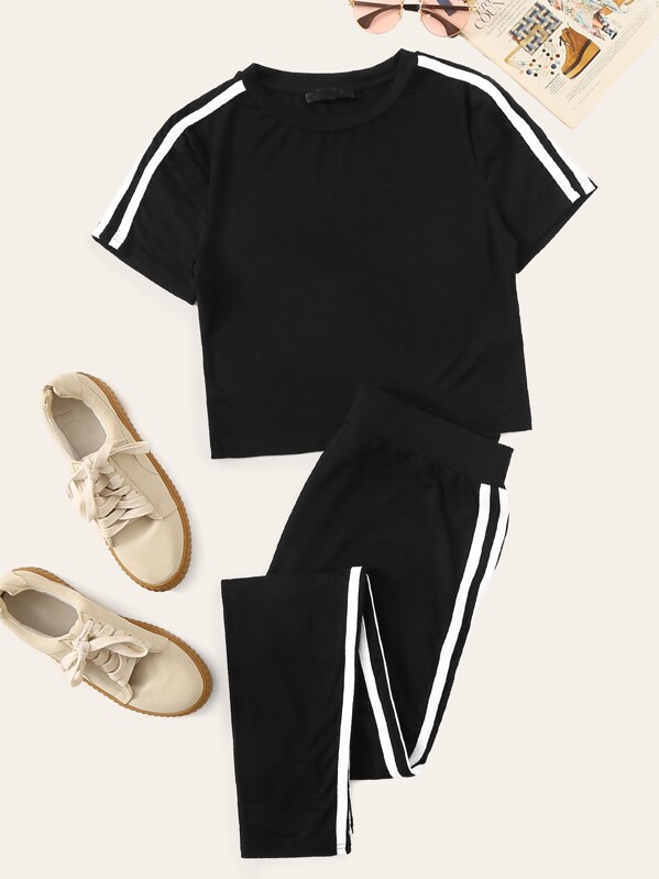 

Striped Tape Side Tee & Leggings Set, Black