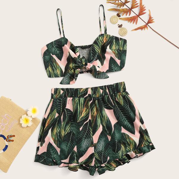 

Jungle Knotted Shirred Cami & Flounce Hem Shorts Set, Multicolor