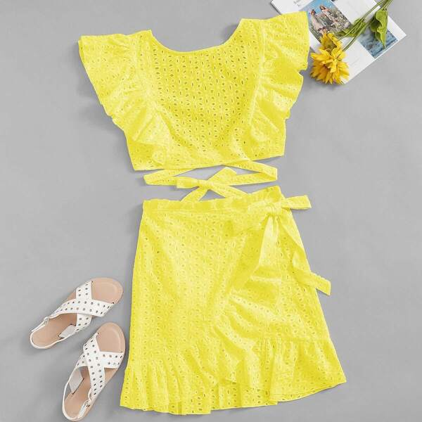 

Neon Yellow Knotted Schiffy Top & Ruffle Wrap Skirt Set, Yellow bright