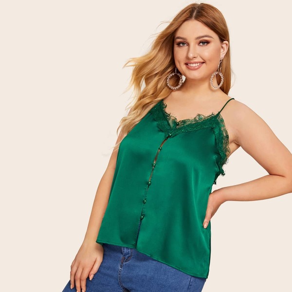 

Plus Button Front Lace Trim Cami Top