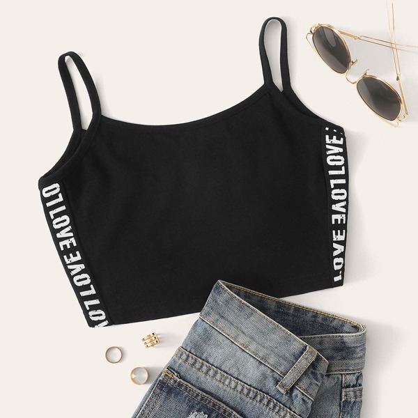 

Letter Tape Side Crop Cami Top, Black