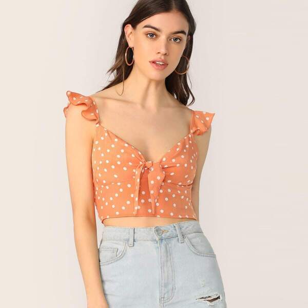 

Ruffle Trim Tie Front Shirred Back Crop Top