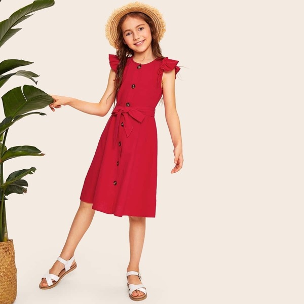 

Girls Ruffle Armhole Button Front Dress