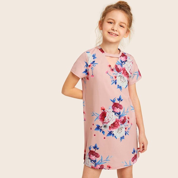 

Girls Notch Front Floral Tunic Dress