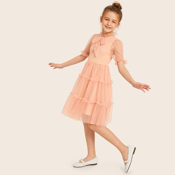 

Girls Tie Neck Ruffle Trim Dobby Mesh Dress, Pink
