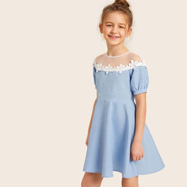 

Girls Geo Mesh Yoke Applique Detail Skater Dress, Blue pastel