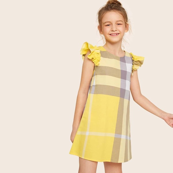 

Girls Ruffle Armhole Plaid Dress, Yellow