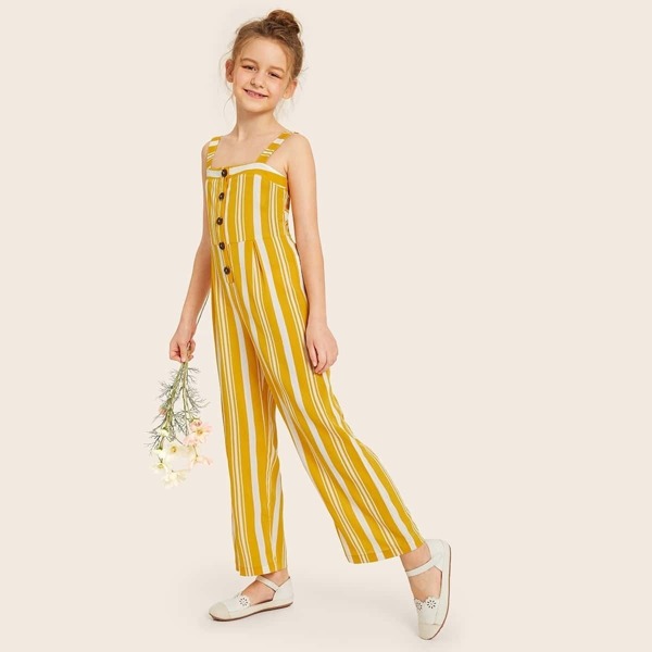 

Girls Button Front Wide Leg Striped Cami Jumpsuit, Yellow