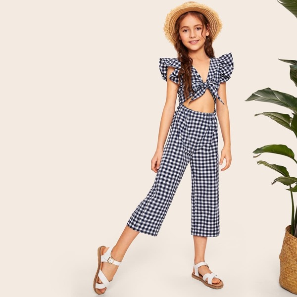 

Girls Ruffle Armhole Knot Cutout Front Gingham Jumpsuit, Navy