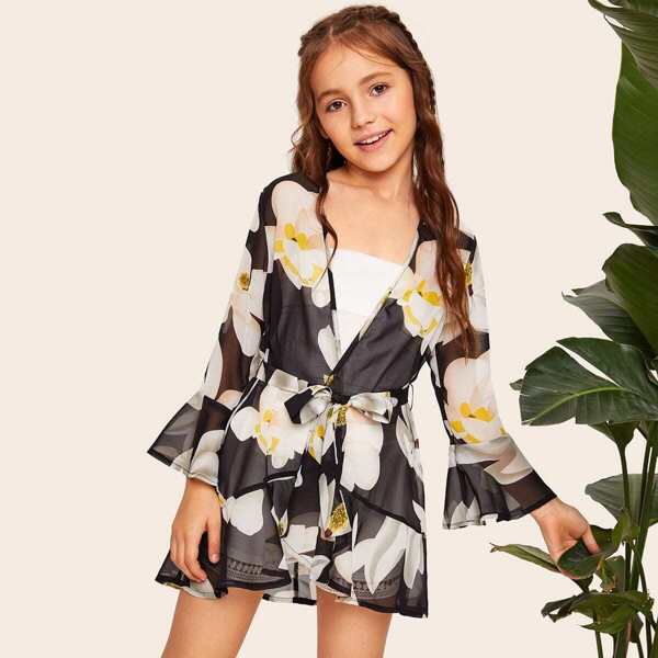 

Girls Ruffle Trim Sheer Floral Kimono