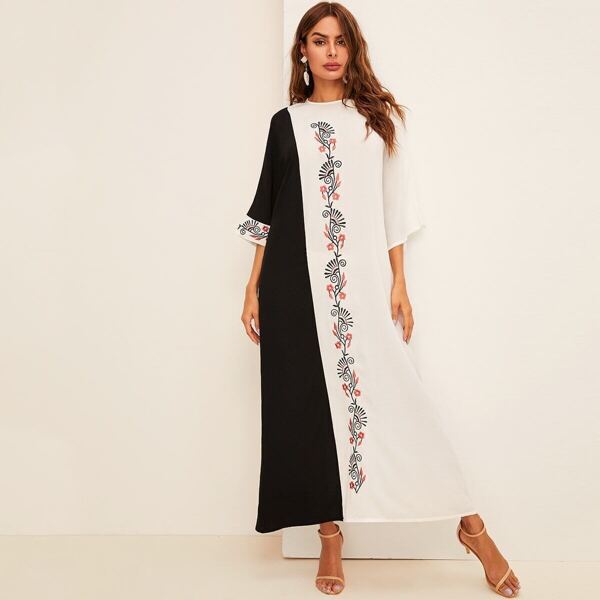 

Botanical Embroidered Bell Sleeve Two Tone Hijab Dress, Black and white