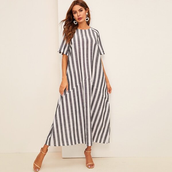 

Striped Trapeze Hijab Dress, Grey