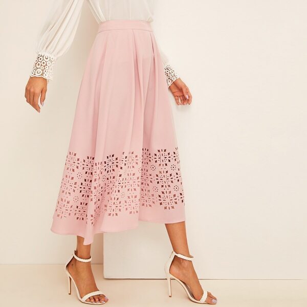 

Wide Band Waist Laser Cut Pleated Skirt, Pink pastel