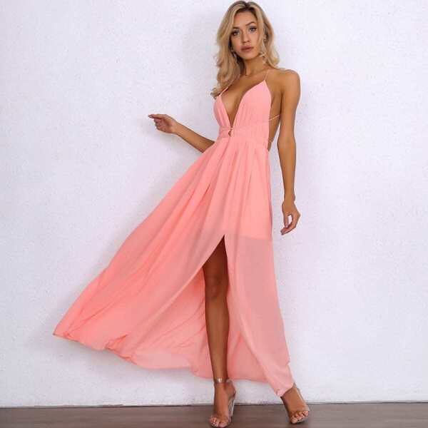 

Crisscross Back Plunging High Split Front Cami Dress, Pink