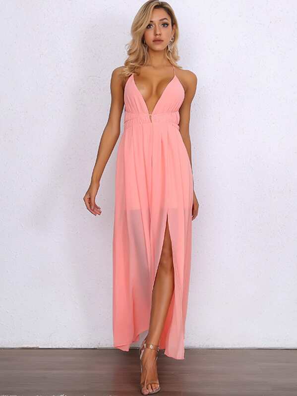 

Joyfunear Crisscross Back Plunging High Split Front Cami Dress, Pink