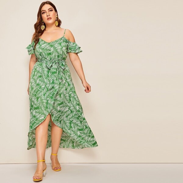 

Plus Jungle Leaf Cold Shoulder Wrap Belted Dress, Green