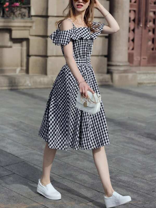 

Open Shoulder Flounce Flare Dress, Black and white