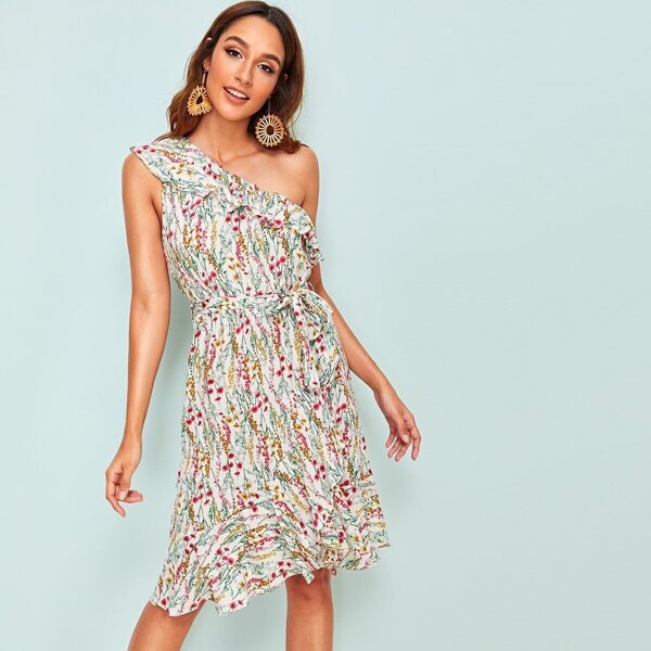 

Ruffle Trim Ditsy Floral One Shoulder Belted Dress