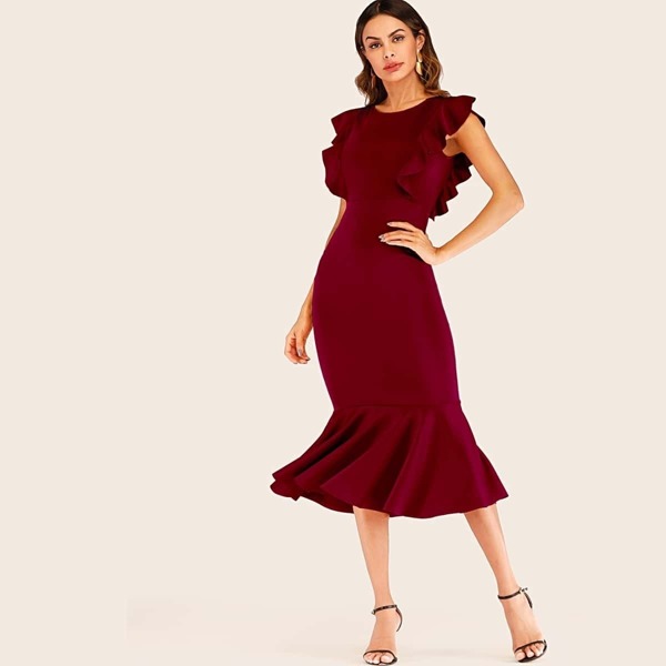 

Ruffle Trim Zip Back Fishtail Dress