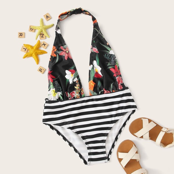 

Girls Striped & Flower Print Halter One Piece Swim, Multicolor