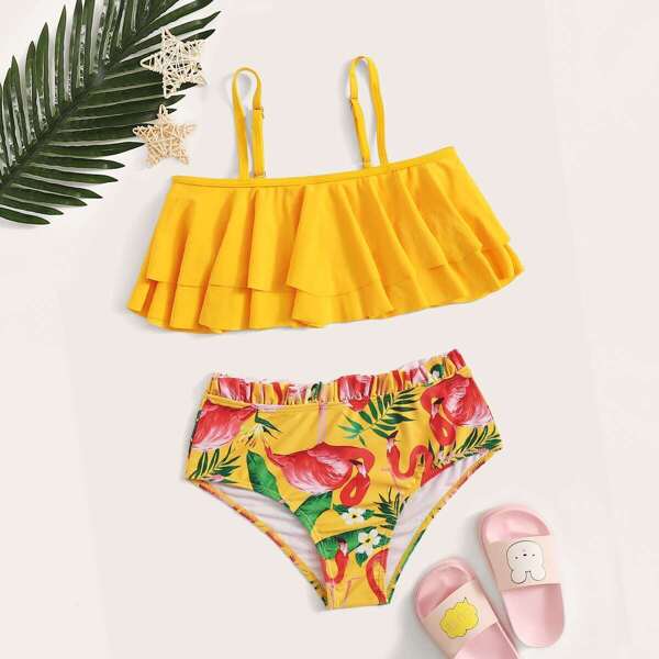

Girls Tiered Layer Top With Random Flamingo Print Bikini