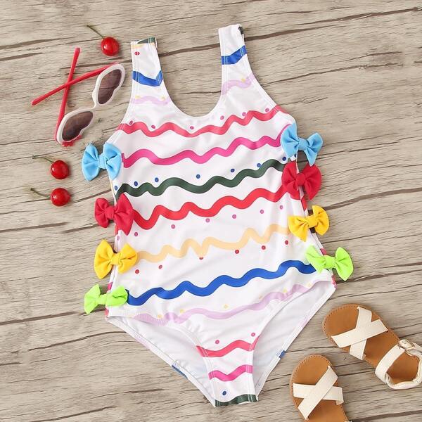 

Girls Bow Decor Random Rainbow Wave One Piece Swim, Multicolor