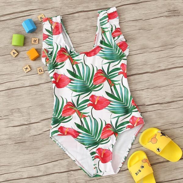 

Girls Random Floral Ruffle Trim One Piece Swim, Multicolor