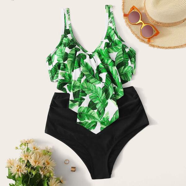 

Random Tropical Floaty Top With Ruched Bikini