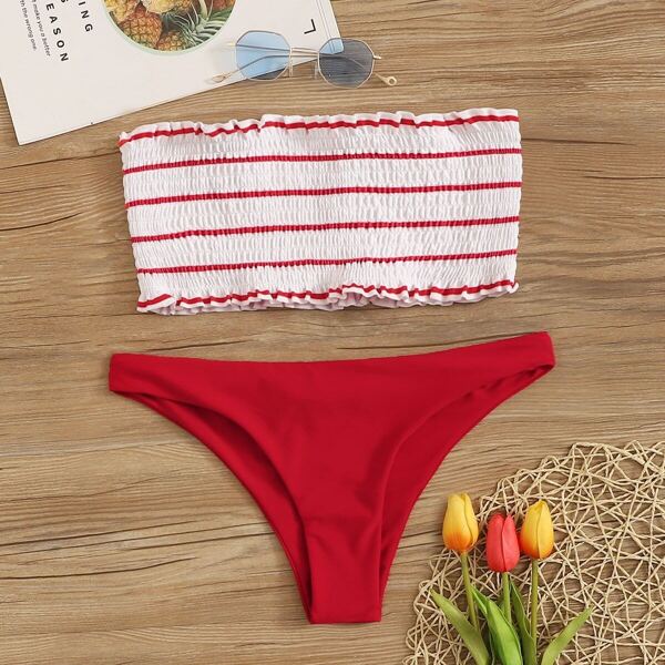 

Striped Smocked Bandeau With Hipster Bikini Set, Multicolor