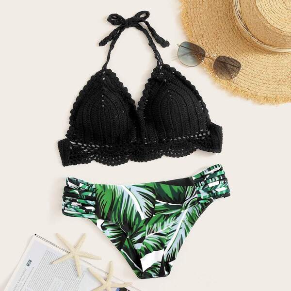 

Crochet Top With Ladder Cutout Tropical Print Bikini