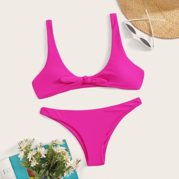 

Neon Hot Pink Knot Front Bikini Set, Pink bright