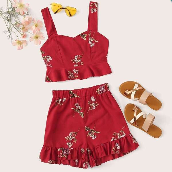 

Floral Print Zip Back Ruffle Hem Cami Top With Shorts