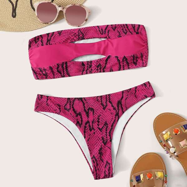 

Snakeskin Print Cut-out Bandeau Bikini Set, Pink