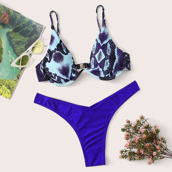 

Snakeskin Underwired Top With High Cut Bikini Set, Multicolor